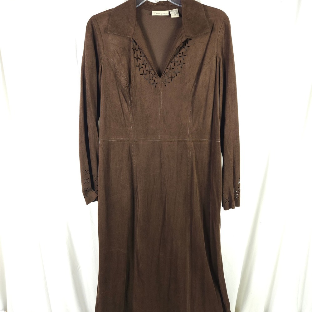 Vintage Studio Ease Brown V-Neck Long Sleeve Midi Dress 12P‎ 20x49